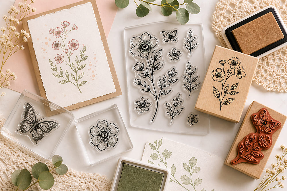 Collection of creative clear and rubber stamps for DIY projects