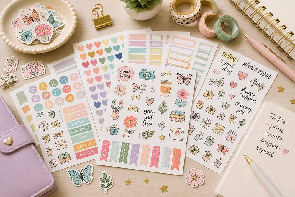 Collection of colorful craft stickers and planner decals on a desk